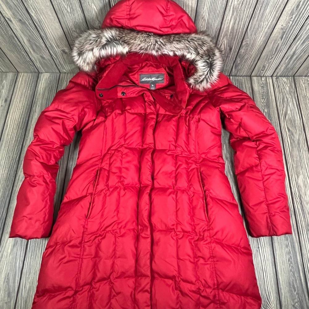 Eddie Bauer Puffer Parka Women Lg Red Faux Fur Hood Down Insulated Winter Coat